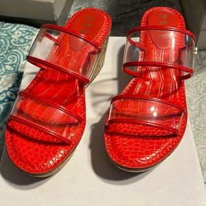 RED & CLEAR DKNY ELYA CORK WEDGE SANDALS SIZE 7 NIB